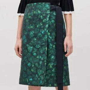 Women’s COS Jacquard Short Knee Length Floral Wrap Skirt Green Blue Size L 10